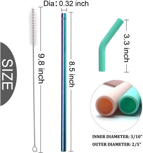 Senneny Set of 5 Stainless Steel Straws - Colorful with Silicone Flex Tips, 2 Cleaning Brushes and Portable Bag Included