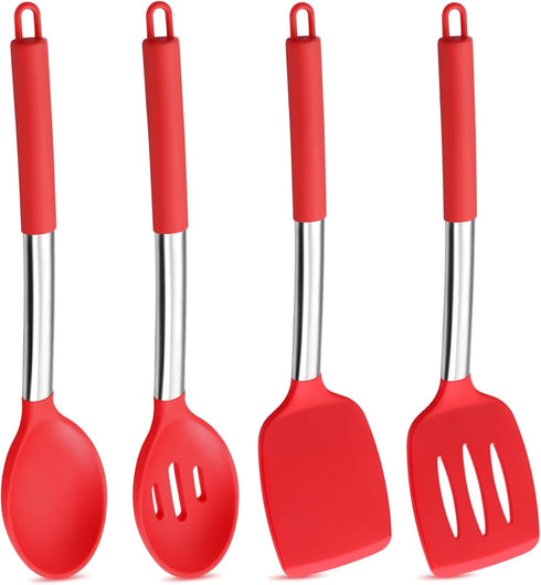 P&P CHEF Red Cooking Utensils Set of 4, Heat-proof Silicone Turner Spoon for Nonstick Cookware, Dishwasher Safe
