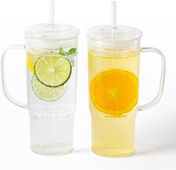 GOSCHE Glass Cups with Lids and Straws, 24oz Clear Iced Coffee Cups