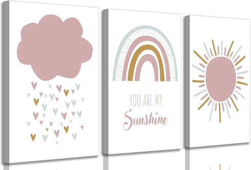 3 Pcs Boho Nursery Canvas Wall Art You Are My Sunshine Pink