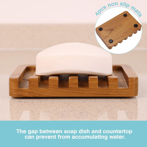 2PCS Self Draining Soap Dishes by HTB, Teak Wood Soap Holder, Soap Saver for Shower, Bathroom, Bath Tub, Kitchen