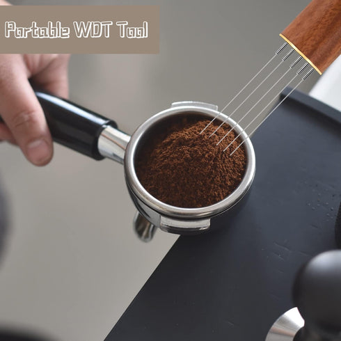 Espresso Coffee Stirrer, Professional Barista Hand Needle Type Distribution Tool, 5 Needles 0.4mm Natural Wood Handle