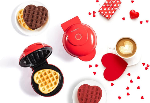 Holstein Housewares Personal Non-Stick Heart Waffle Maker, Red - 4-inch Waffles Ready in Minutes