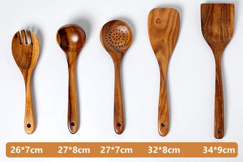 Wooden Kitchen Utensils Set, 5 PCs Natural Acacia Spurtle Set for Non-stick Pan, Ladle, Wok Spatulas, Salad Fork
