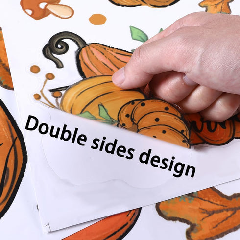 6 Sheets Fall Window Clings, Double-Sided Window Stickers with Orange Maple Leaves Pumpkins for Thanksgiving Home