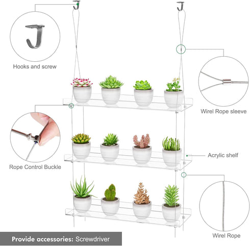 OtNiap 3-Tier 16In, Clear Hanging Window Plant Shelves Height Adjustable Acrylic , Indoor Windows Wall Hanging Plant