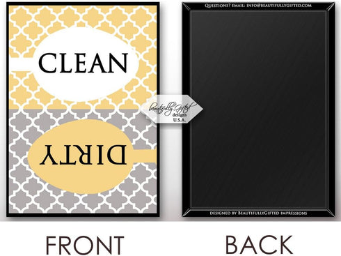 Clean Dirty Dishwasher Magnet Sign, Modern Moroccan Trellis Pattern, Yellow Gold Grey, Housewarming Gift