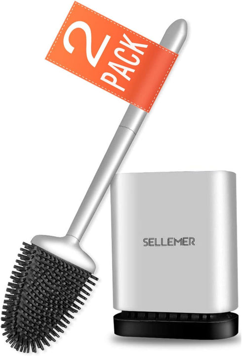 Sellemer 2 Pack Toilet Brush and Holder Set, Flexible Silicone Bristles, Compact Size for Bathroom Storage