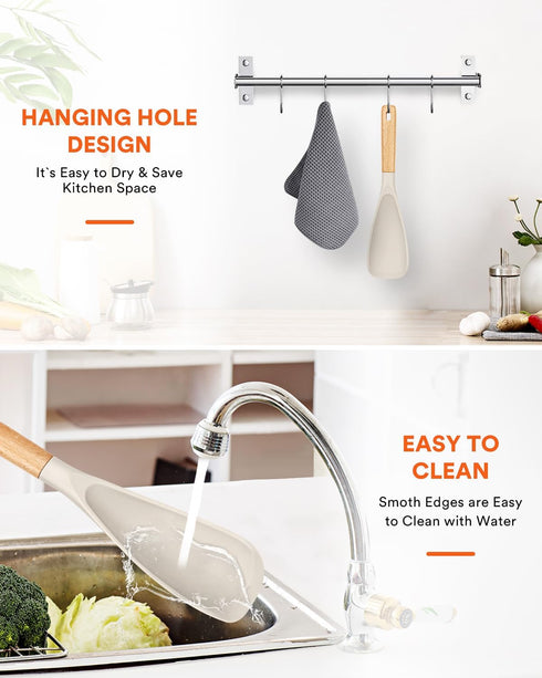 Cooking Spoon for Nonstick Cookware, Durable BPA-Free Matte Silicone Wood Handle Spoon for Mixing, Scoop, Khaki