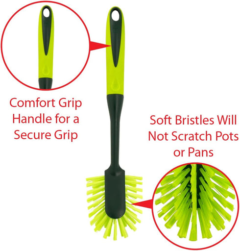 Pine-Sol Long Handle Dish Brush - Soft Bristle Kitchen Scrubber Safe for Non-Stick Cookware, Oblong