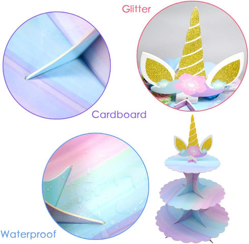 3 Tier Unicorn Cupcake Stand, Pink Purple Cardboard Cake Stand for Birthday Baby Shower Party Decorations