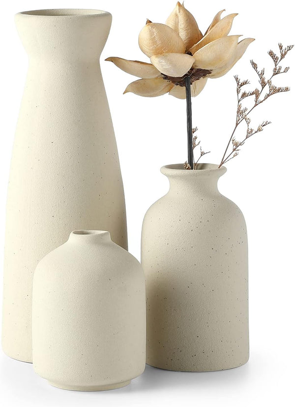 CEMABT Beige Ceramic vase Set-3 Small Flower vases for Decor,Modern Boho Farmhouse