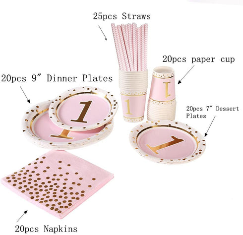 MaitianGuyou 1st Birthday Girl Decoration, Baby Shower Party Supplies Disposable Tableware Set for 20 Guests
