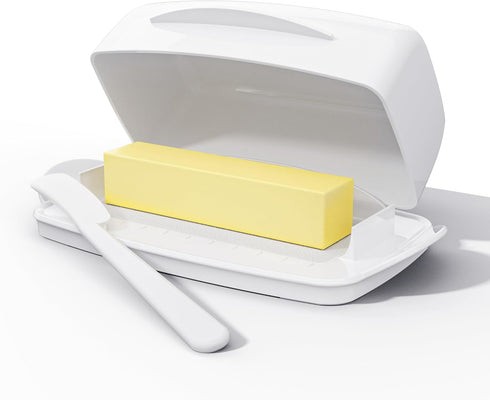Butter Dishes with Lid for Countertop Refrigerator, Plastic Flip Top Lid Butter Container with Spreader, White