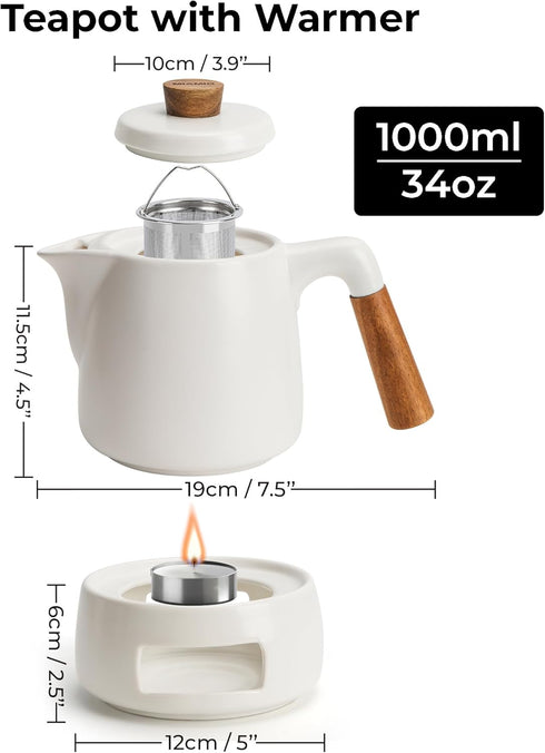 Set 34 oz MIAMIO - Teapot with Warmer / Tea Kettle with Infuser for Steeping Loose Tea Leaves - Gift for Women/Tea