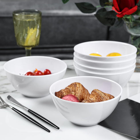 Melamine Cereal Bowls Set of 6, 28oz White Unbreakable Soup Bowls, Dishwasher Safe for Kitchen