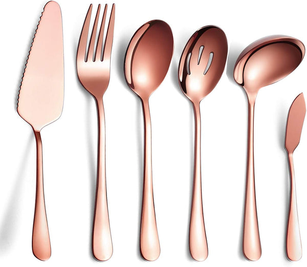 6-Piece Copper Serving Flatware Set, Stainless Steel Utensil Set, Includes Cake Server, Spoons, Fork, Knife