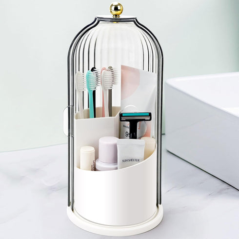 Bathroom Organizer Countertop, Toothbrush Holders with Sliding Lid, Rotating 3 Slots Tooth Brush Toothpaste Caddy