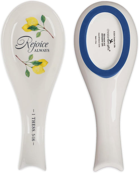 Christian Art Gifts Ceramic Spoon Utensil Rest, Inspirational Bible Verse Decor, Blue Silicone Base