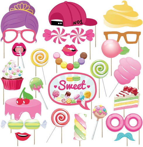 25Pcs Candy Land Photo Booth Props with Stick, Candyland Selfie Props for Candy Shop Party Supplies, Lollipop Birthday