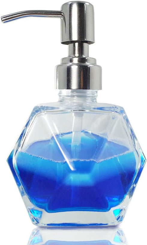 Modern Geometric Shape Clear Glass Soap Dispenser, Lotion Dispenser Bottle with Rust Proof Stainless Steel Pump for