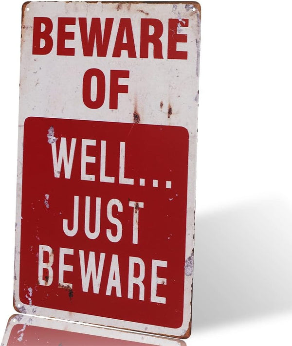 dingleiever Vintage Metal Sign, BEWARE OF WELL JUST Garage Decor for Men, Tin Art Decor