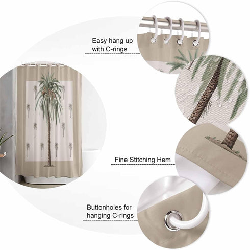 Palm Tree Shower Curtain Set with Hook, 36" x 72", Tropical Beach Plant Leaves, Waterproof Bath Curtains