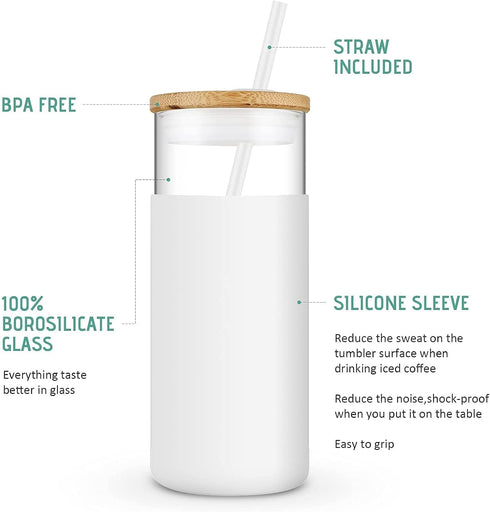 Tronco 20oz Glass Tumbler Water Bottle with Straw | Silicone Protective Sleeve, Bamboo Lid - BPA Free (Midnight Green)
