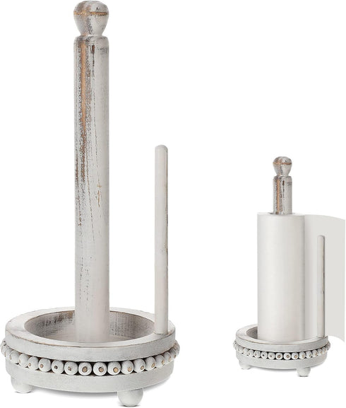 Rustic Farmhouse Paper Towel Holder - Washed Beaded Wood Stand for Kitchen Bathroom Dining Countertop Decor (White)