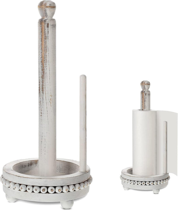 Rustic Farmhouse Paper Towel Holder - Washed Beaded Wood Stand for Kitchen Bathroom Dining Countertop Decor (White)