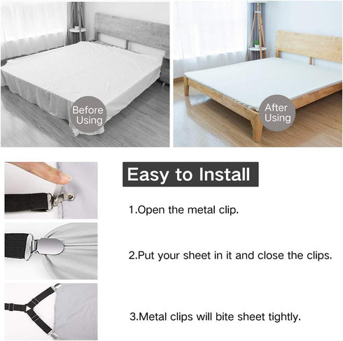 Foloda 4 pcs Adjustable Bed Sheet Holders - Fitted Sheet Holder Clips Fasteners for Mattress Corners, Keep Sheet Firm
