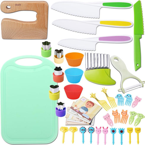 Kids Knives Set for Real Cooking, Toddler Knife Set with Cutting Board, Safe Knife, Peeler, and Fruit Cutters