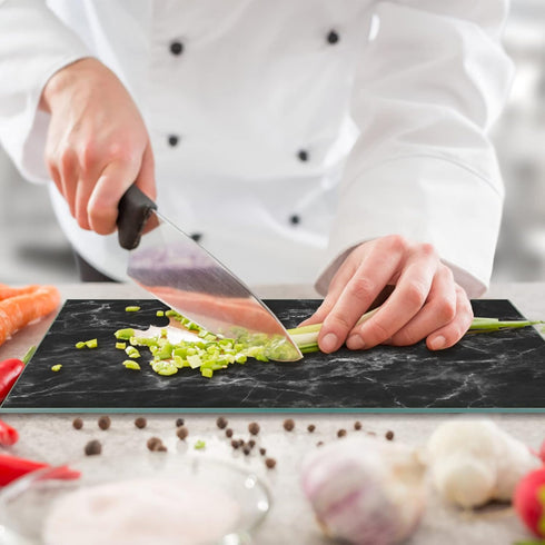 Tempered Glass Cutting Board for Kitchen, 16"x12" Black Marble Pattern, Heat Resistant, Dishwasher Safe
