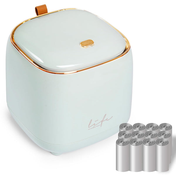 Mini Countertop Trash Can with 12 Rolls of Trash Bags, Tiny Desk Trash Can with Press Type Lid for Bathroom Vanity