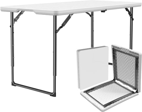 Folding Table 4ft - Heavy Duty Fold-in-Half Plastic Table with Adjustable Height,
