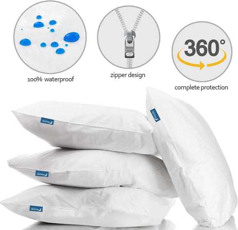 King Size Pillow Protector Waterproof with Zipper, 4 Pack, 20x36 inch Encasement Pillow Covers, White