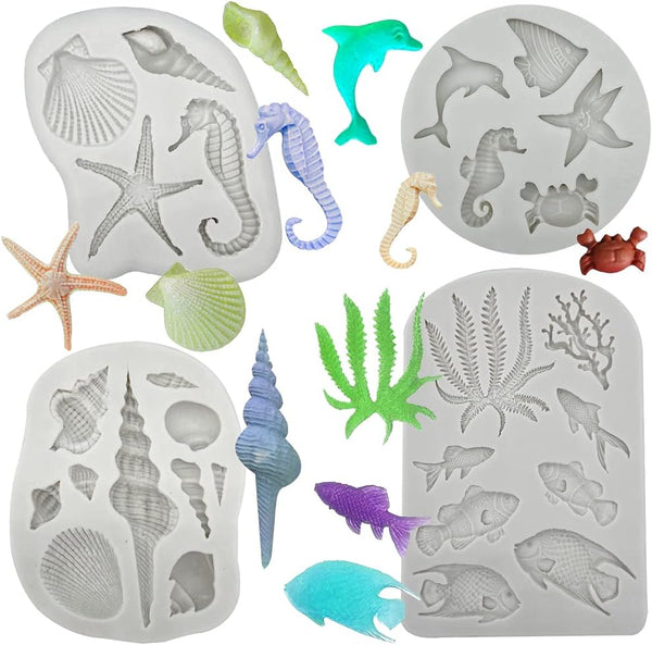 4PCS Marine Theme Fondant Silicone Mold, Seaweed, Fish, Crab, Coral, Conch, Sea Shells Shape DIY Baking Tools
