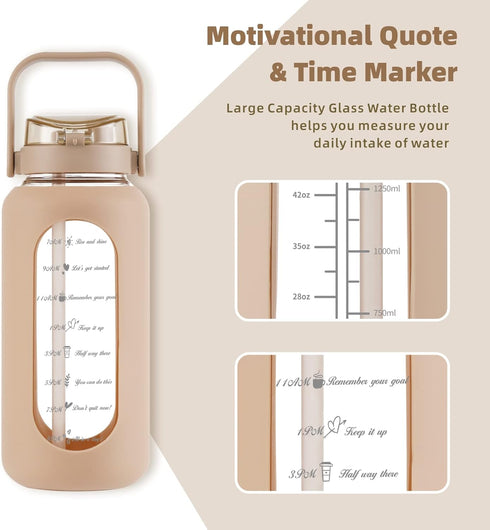 SIEROZUR 74oz Glass Water Bottle with Straw - Large Motivational Water Jug with Handle and Time Marker