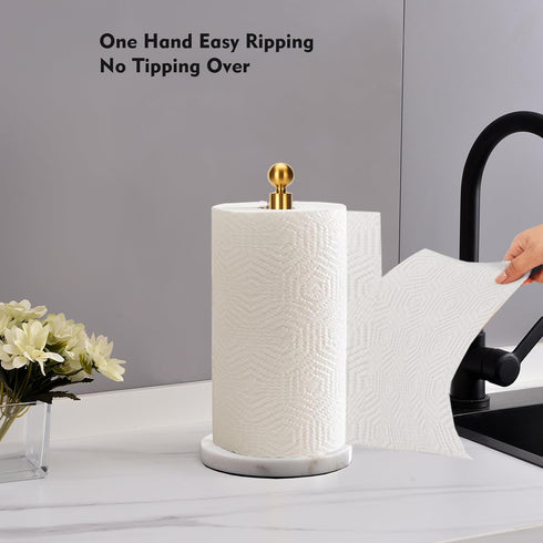 Countertop, Gold Paper Towel Holder with Weighted Marble Base for One-Handed Operation, No Wobbly (Marble Base, Gold)