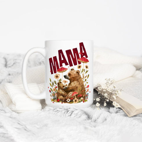 Woodland Mama Bear Ceramic Coffee Mug - Nature Forest Mom Birthday Cup, Mother's Day Gift (15oz)