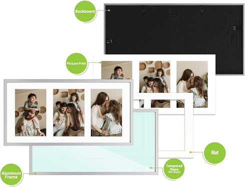 Golden State Art 4x6 Aluminum Collage Frame, Displays 6x4 Pictures with 3 Openings Mat or One 7x14 Photo, Silver