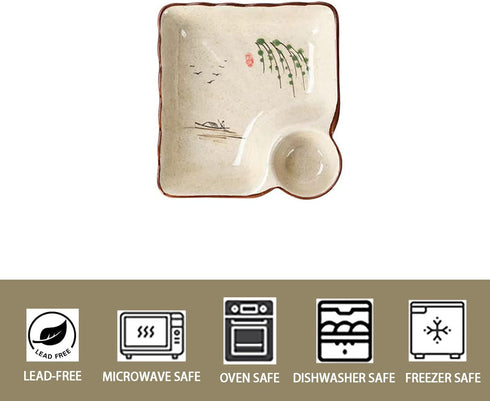 Ceramic Dumpling Plate with Dipping Saucer, Sushi Dish, Serving Plate, Snack Plate, 7.5 Inch - Set of 2