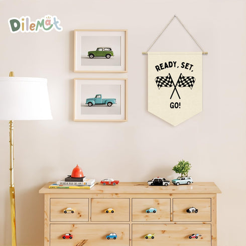Dilemat Set Race Car Room Decor for Boys Linen Pennant Banner - Ready Go Racing Pennant Flag Banner Wall Hanging Decor
