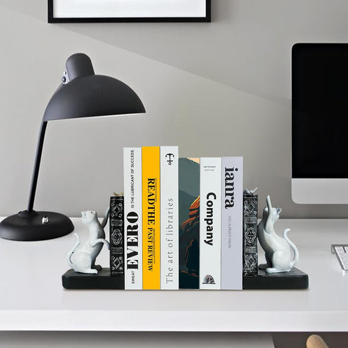 1 LIFFY Decorative Bookends, Heavy Duty Resin Cat Bookends, Non-Skid Bookshelf Stopper, Cute Cat Figures for Shelves