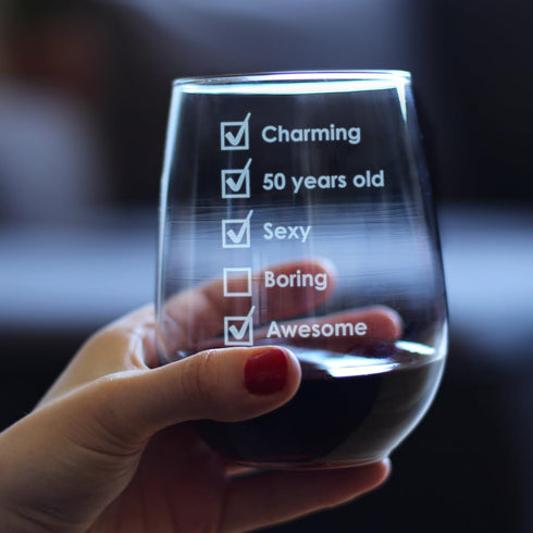 50th Birthday Checklist - Funny Stemless Wine Glass Gift for Men and Women Turning 50 - Large 17 Ounce