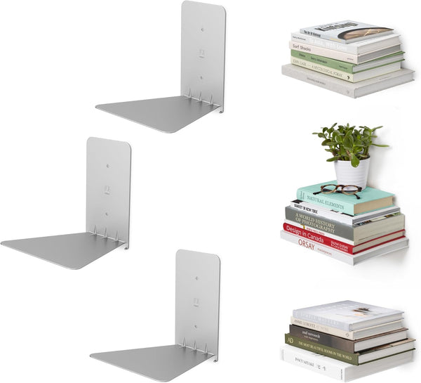 Umbra Conceal, Sturdy Metal Floating Bookshelf for Wall, Silver, Small, Set of