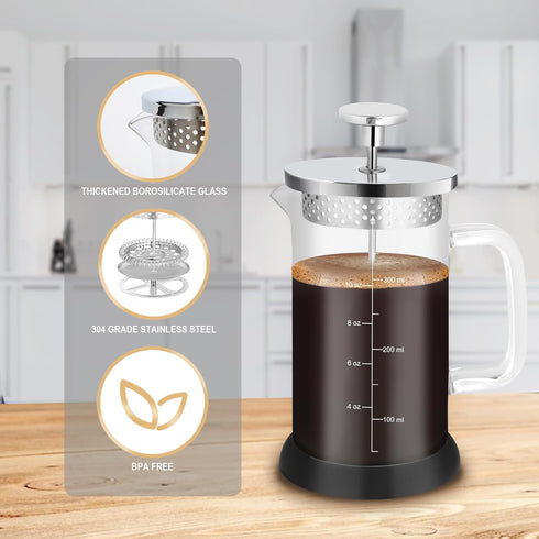 Mini French Press Coffee Maker, 12 oz / 350 ml, 304 Stainless Steel Grilles, Borosilicate Glass, 2 Filter Screens,