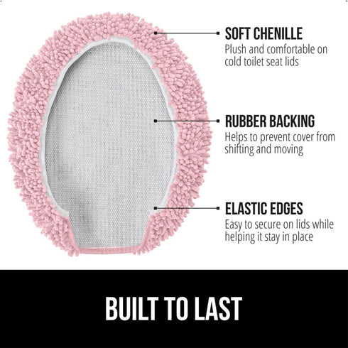 GORILLA GRIP Soft Chenille Bathroom Toilet Lid Cover - Machine Washable, Light Pink, Fits Most Lids, 19.5x18.5