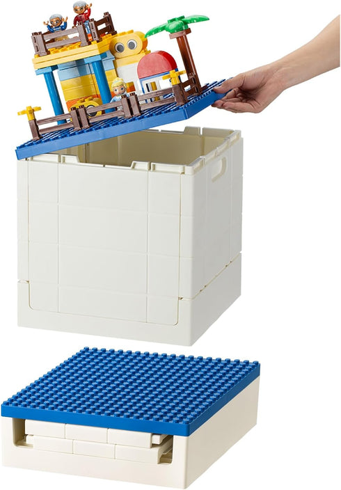 SHIMOYAMA Folding Storage Box for Duplo Blocks, 26 Qt. Foldable Toy Container, Blue with Building Lid