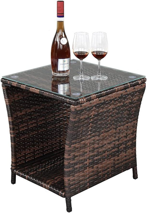 Rpuzonier Wicker Rattan Side Table, Outdoor Square Rattan Coffee End Table with Tempered